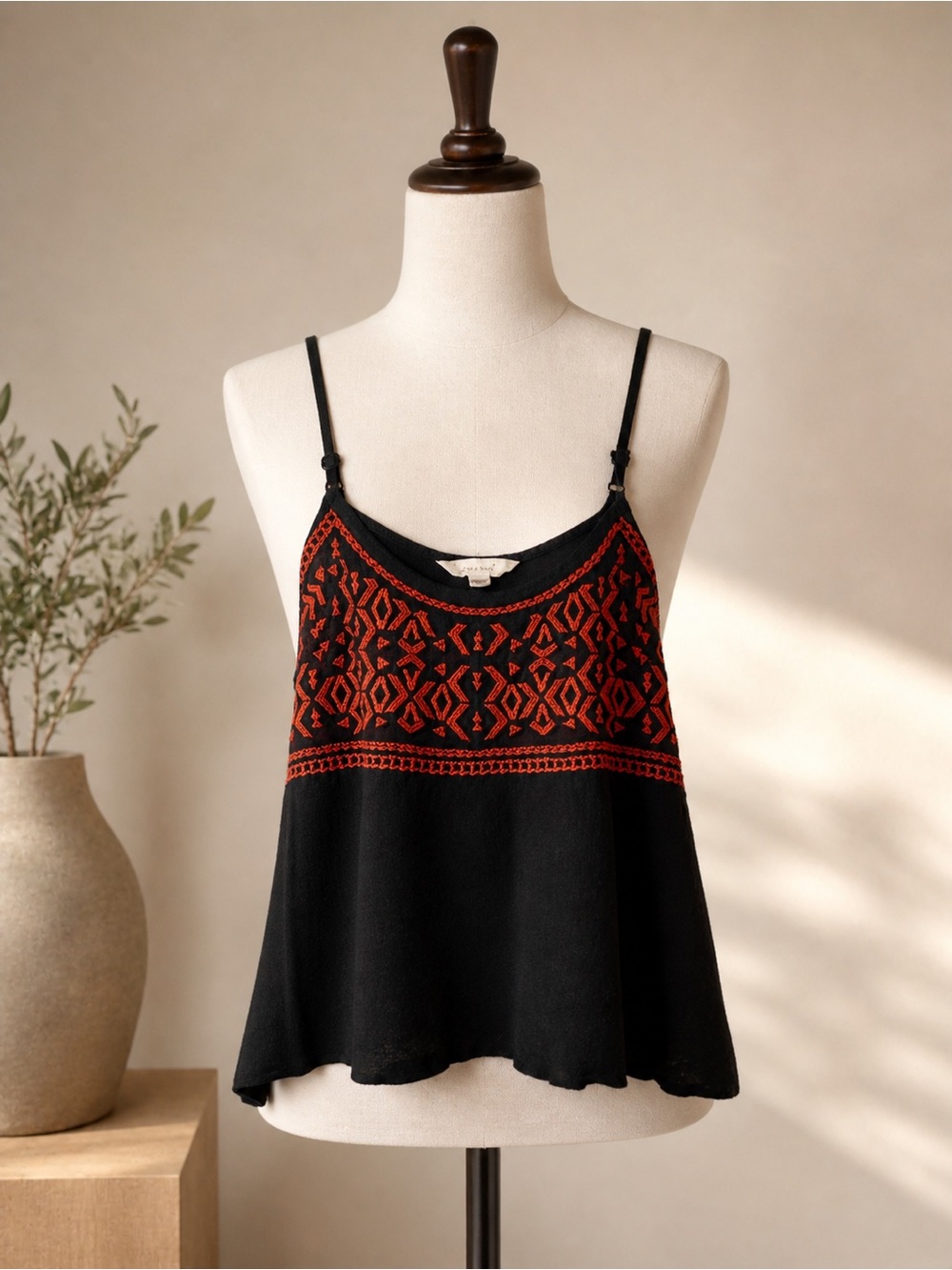 Sim & Sam Boho Tank Black Red Embroidered Coquette Festival SZ SM